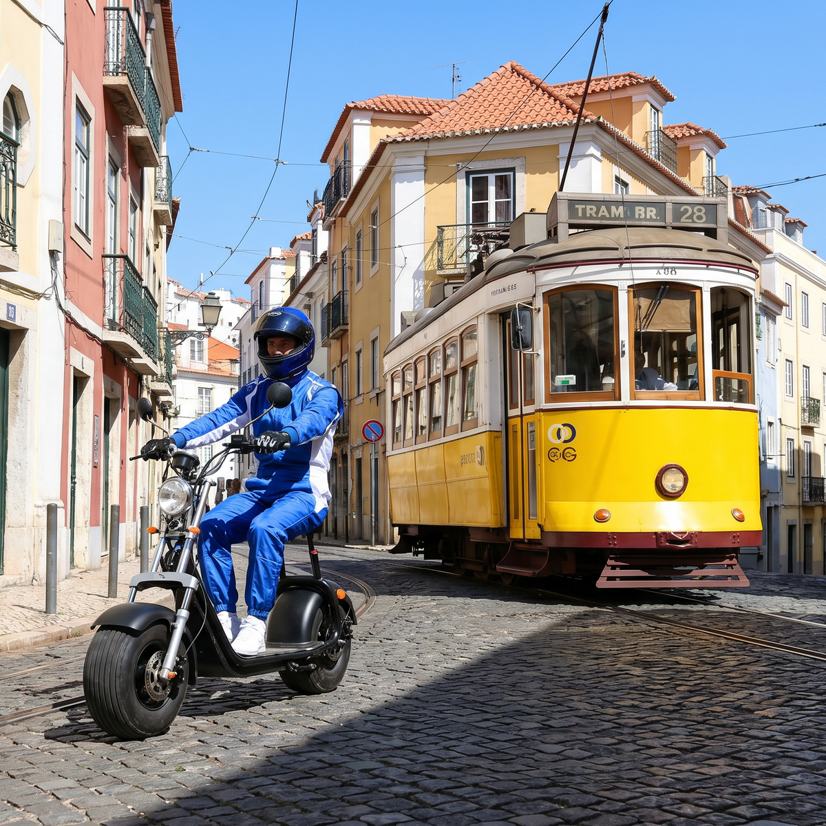 EEC-certified electric chopper riding on European city street