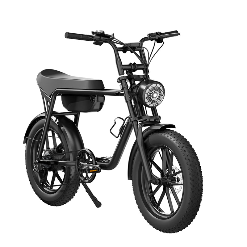 Front View of E3 fat tire electric bike with double seat and aluminum frame